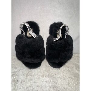 Kids UGG Black Fluffy Furry Slides‎ Slippers Shoes Size 7 Toddler